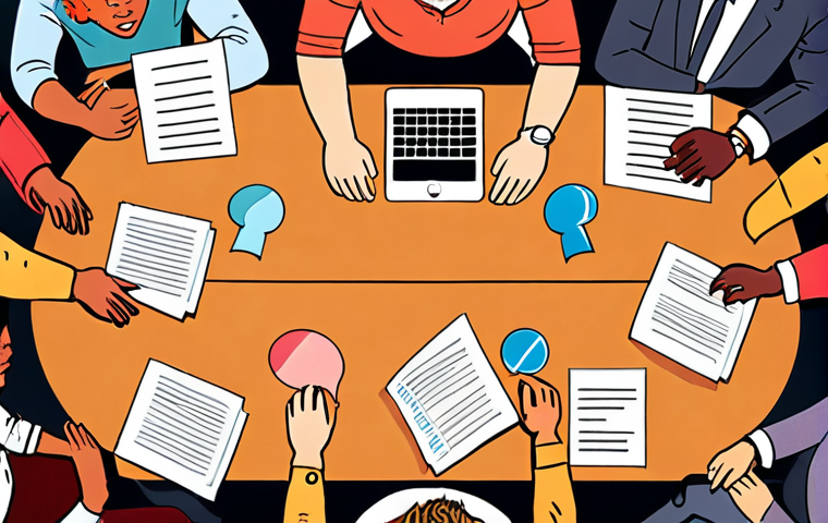 **Open Discussion**: Create an illustration showing a diverse group of people engaged in a lively discussion around a table. Emphasize the exchange of ideas, with speech bubbles representing various perspectives and thoughts. The setting should be collaborative and vibrant, showcasing openness and respect for differing opinions.