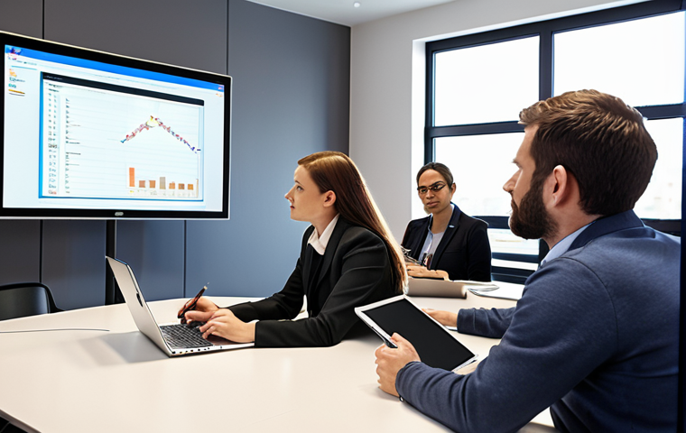 **
A productive meeting with a clear agenda displayed on a screen. Participants are actively listening and engaged, taking notes. Laptops are closed and put away. There's a sense of collaboration and focus. Style: clean, modern, corporate.