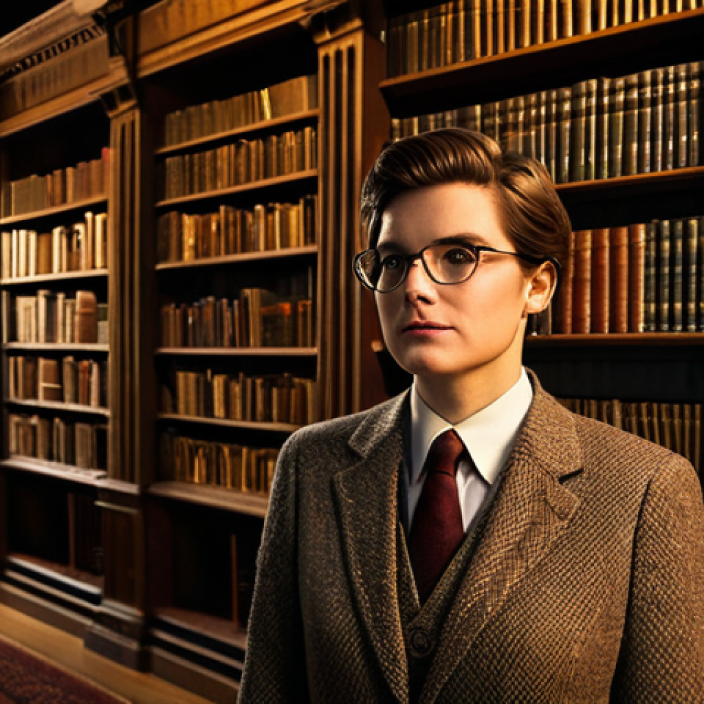 **
A professional librarian in a modest tweed suit, surrounded by towering bookshelves in a classic library with warm lighting, fully clothed, appropriate attire, safe for work, perfect anatomy, natural proportions, professional photography, high quality.
**