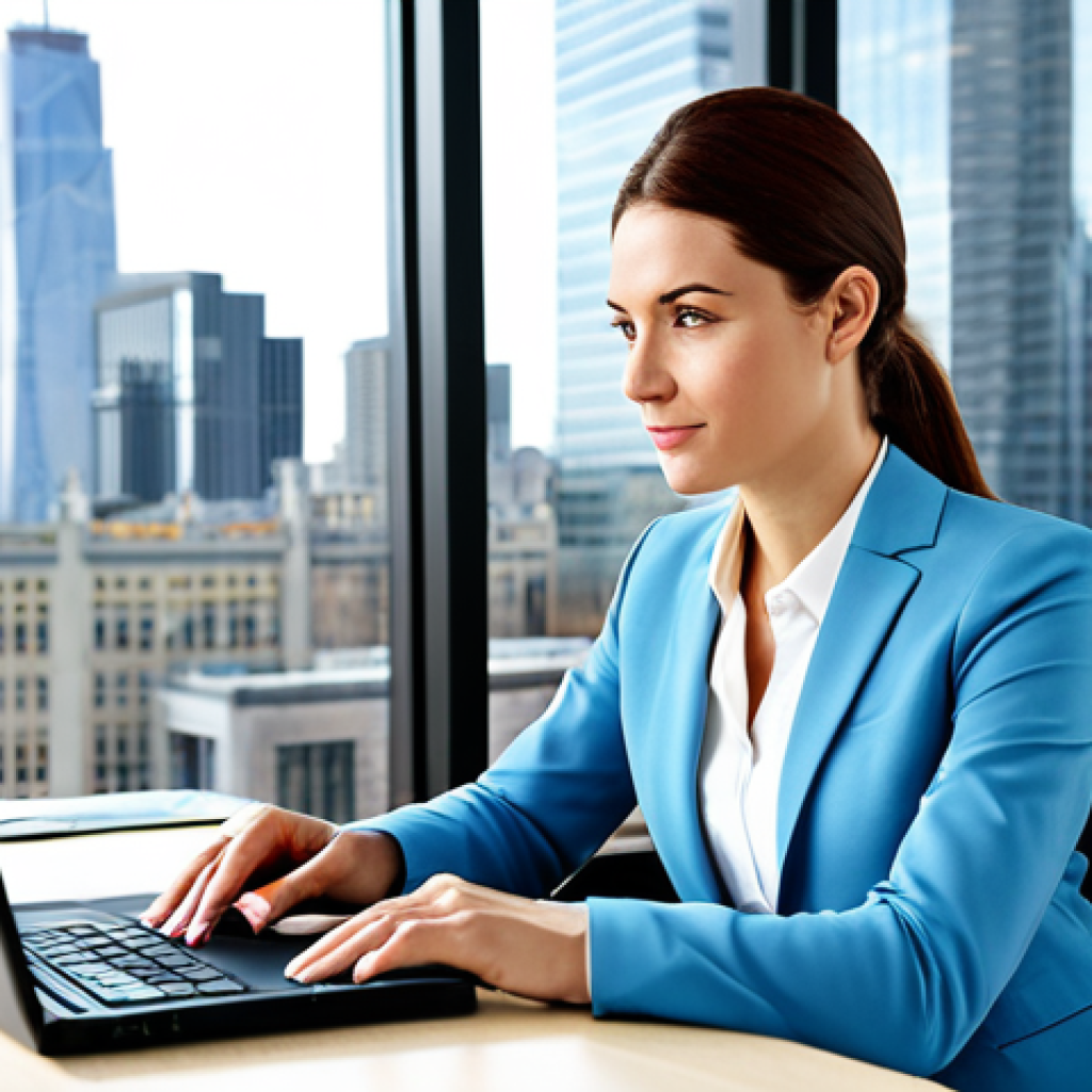주제에 대한 사전 조사 방법 - Businesswoman in Modern Office**
"A professional businesswoman in a modest business suit, sitting a...