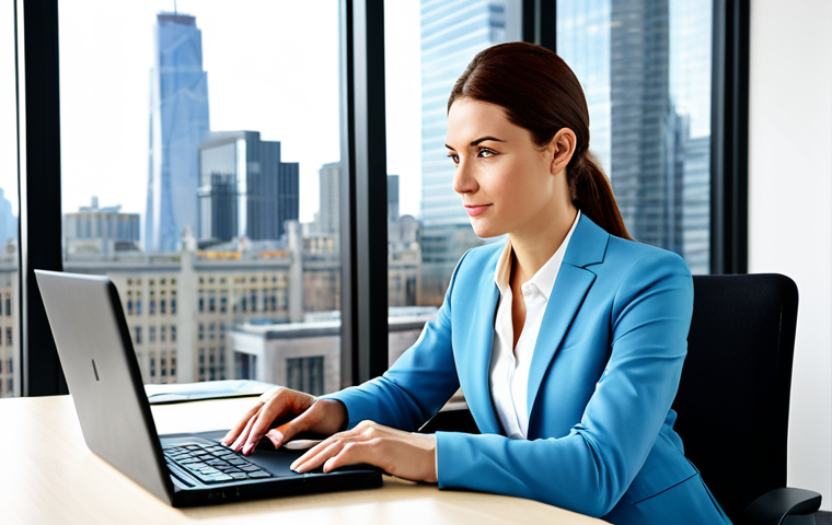 주제에 대한 사전 조사 방법 - Businesswoman in Modern Office**
"A professional businesswoman in a modest business suit, sitting a...