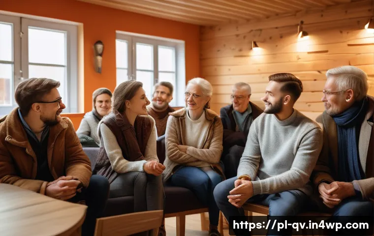 주제에 따라 토론 전개 방식 다루기 - A diverse group of people engaged in a warm, empathetic social discussion in a cozy community center...
