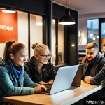 Home 18 온라인 토론에서의 언어적 표현 개선법 - A modern, cozy internet café setting with diverse Polish adults actively engaged in a respectful onl...