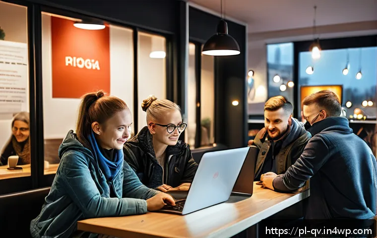 온라인 토론에서의 언어적 표현 개선법 - A modern, cozy internet café setting with diverse Polish adults actively engaged in a respectful onl...