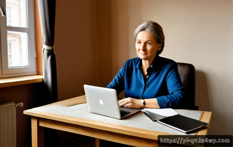 Home 17 온라인 토론에서의 문화적 차이 이해하기 - Photorealistic home office in Warsaw, Polish woman in her 50s calmly joining an international online...