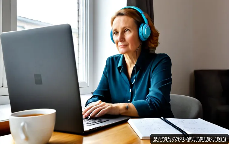 Home 17 온라인 토론에서의 경청 기술 - Photorealistic home office scene in Warsaw, attentive Polish woman in her 50s wearing headphones dur...